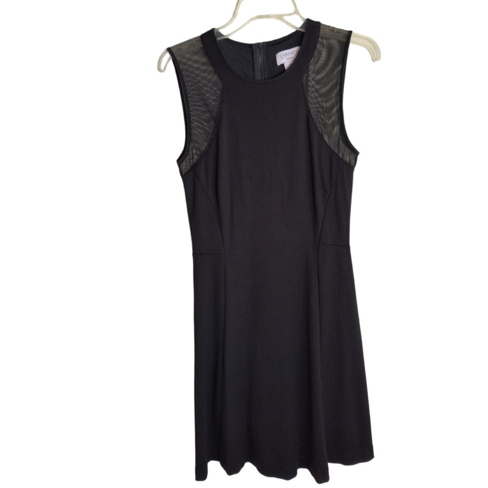 Carmen Marc Valvo Black Sleeveless knit A-line dress with mesh shoulders size S
